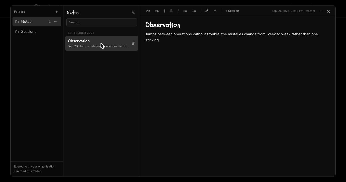 The notes app: folders, notes by month, and an open note